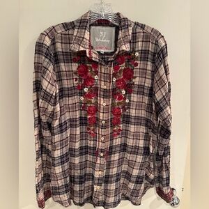 Johnny Was Embroidered Plaid Shirt Sz M
